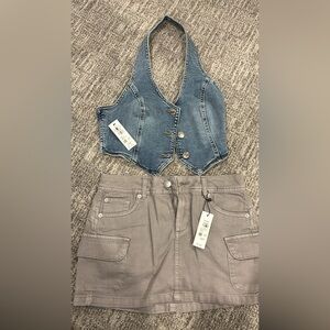 Garage Denim Blue Vest Top and gray Jean shorts.